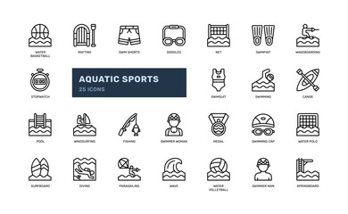 Aquatic water sport competition on pool or sea athlete outline line icon set