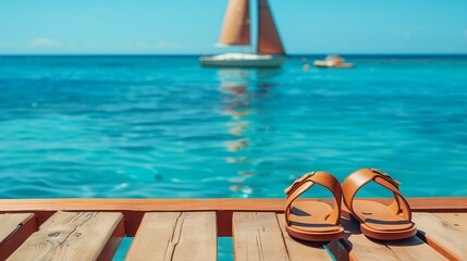 Obraz premium Capture the essence of a laid-back summer lifestyle with caps, sunglasses, and the serene water coastline, all set against a crisp white background.