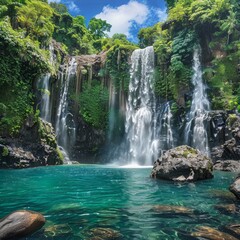Fototapeta premium Jungle waterfall cascade in tropical rainforest with rock and turquoise blue pond. Its name Banyumala because its twin waterfall in mountain slope