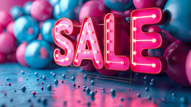 Pink neon sign with the word "Sale". The sign is surrounded by lots of blue and pink balloons. A banner for the design of a sale with a copy space. Discounts and special offers