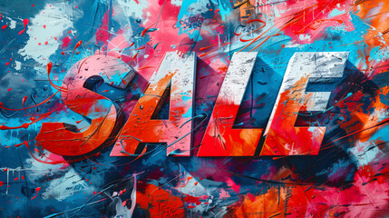 Big letters SALE on a beautiful colored abstract background. The painting turned out to be bright and energetic, with a combination of bright colors and bold brush strokes