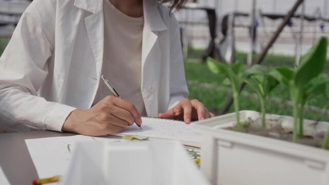 Close up shot of female botanist in lab coat taking notes in copybook at desk with papers and potted seedlings during research in greenhouse