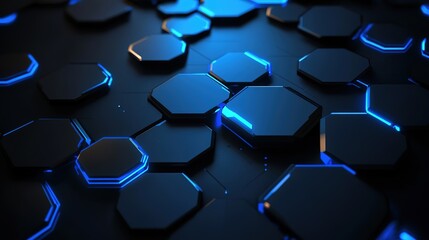 Fototapeta premium Futuristic Abstract 3D Hexagons Wallpaper, High Tech Digital Modern Pattern for Technology and Science Themes, Dark Blue Glowing Shapes on Black Background