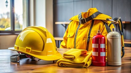 Fototapeta premium Yellow fire helmet and coat lie on a table with a fire extinguisher and first aid kit, emphasizing importance of safety precautions in emergency situations.