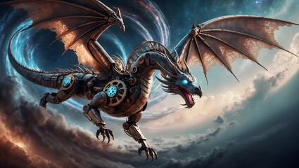 Naklejka premium Steampunk Dragon Soaring Through Celestial Sky with Glowing Eyes