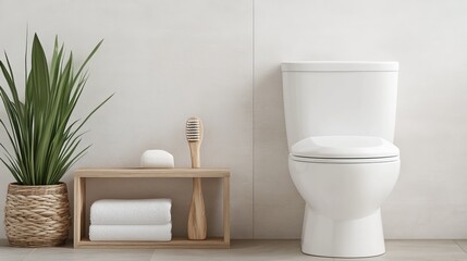 Fototapeta premium Cozy rustic bathroom setup with a handcrafted wooden brush holder, vintage display shelf, and a classic porcelain toilet, all bathed in warm tones