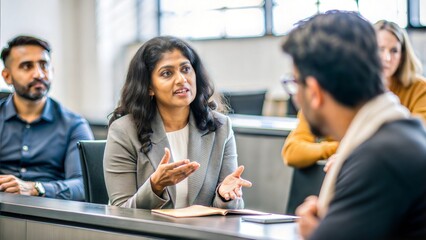 An Indian woman engaged in an academic discussion with a professor or fellow students in a university seminar room.
