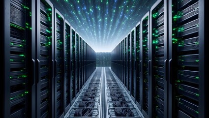 Futuristic data center server racks with glowing green and blue lights in a high-tech environment