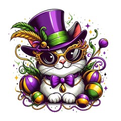 Feline Mardi Gras Celebration A Cat in a Top Hat with Beads and Balls