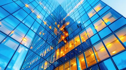 Fototapeta premium A striking blue glass skyscraper with reflections of bright lights, viewed from a low angle against the sky.