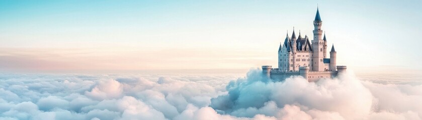 Fototapeta premium A majestic castle nestled among soft clouds, creating a dreamy and ethereal landscape under a pastel sky.