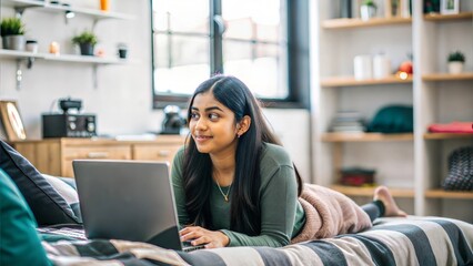 An Indian woman relaxing or studying in a university dorm room, with personal items and dorm decor visible in the background.
