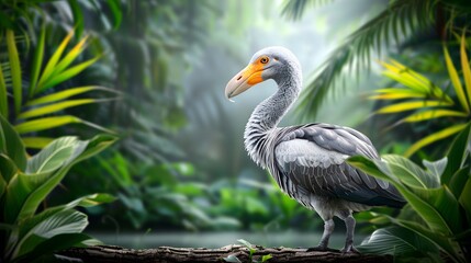 Dodo bird standing in a lush forest environment, showcasing its distinctive appearance in a natural setting style minimalist