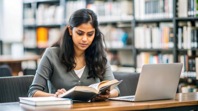 An Indian woman surrounded by study materials, seated at a table in a university library with books and notes visible.
