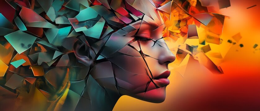 An abstract human face fractured into multiple pieces expressing a spectrum of emotions