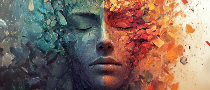 An abstract human face fractured into multiple pieces expressing a spectrum of emotions