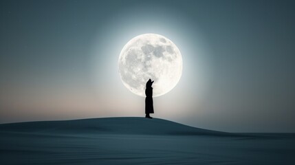 Fototapeta premium Wolf Silhouette Howling at Bright Full Moon on Snowy Hill under Milky Way and Aurora Borealis