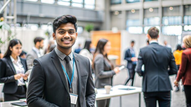 An Indian student attending a career fair or networking event at a university, with booths and professionals in the background.
