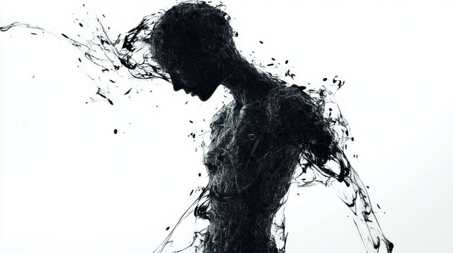 A series of interconnected abstract shapes forming a human silhouette expressing deep emotions on a pure white background