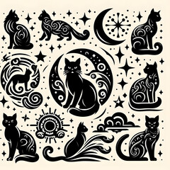 Black Cat Silhouettes with Ornate Designs and Celestial Elements