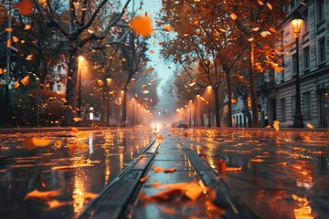Raindrops dance on a quiet street lined with autumn leaves under soft streetlights at dusk