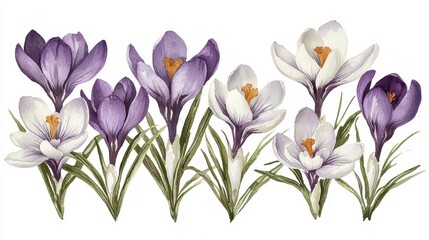 Naklejka premium Watercolor crocus clipart with delicate purple and white flowers