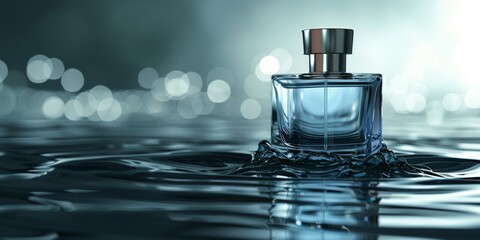 A serene glass perfume bottle gracefully floats on rippling water, illuminated by soft, ambient light, creating a tranquil and elegant atmosphere
