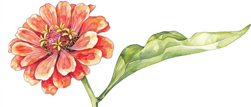 watercolor zinnia flower with green leaf clip art preview