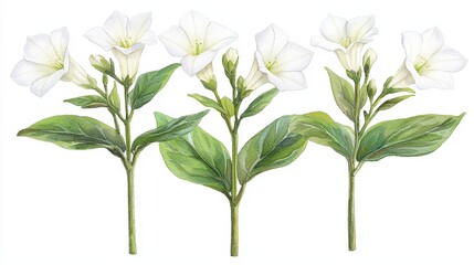 Fototapeta premium Watercolor jasmine clipart featuring delicate white flowers and green leaves