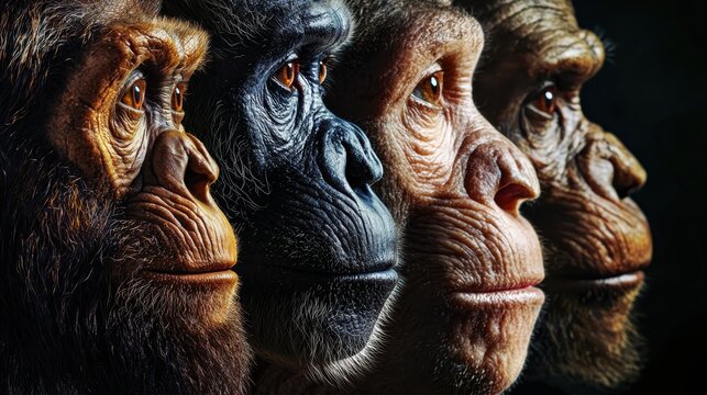 Human evolution. A study of the sequence of biological evolution of Homo sapiens. The face of a monkey, ape, ancient humans, modern humans