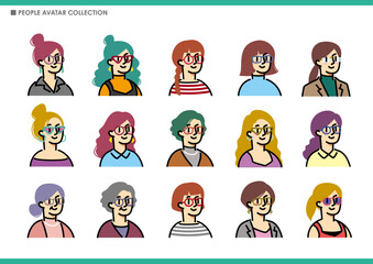 シンプルな女性アイコンのセット。めがね。