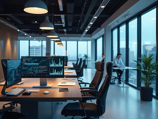 interior of technology and data analysis and cyber security business business office