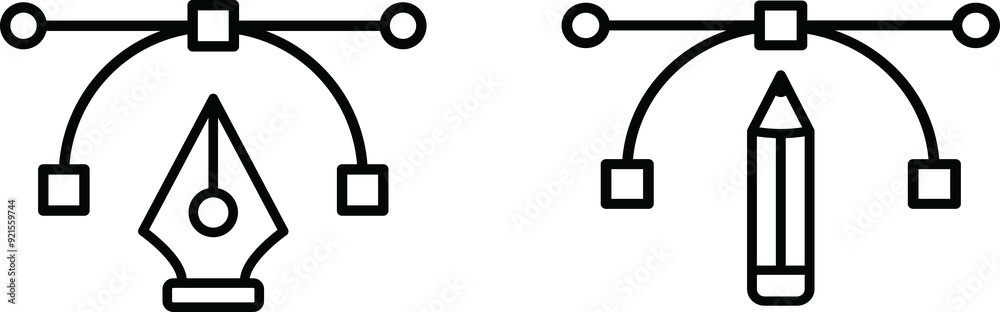 Poster pencil tool icon and pen tool icon set on transparent background, a collections of bezier curve draw