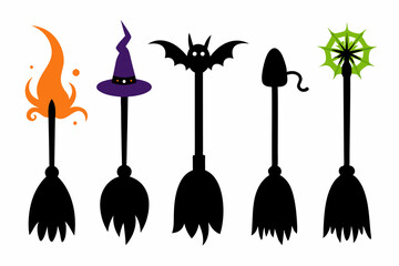 Halloween broom black silhouette vector icon set