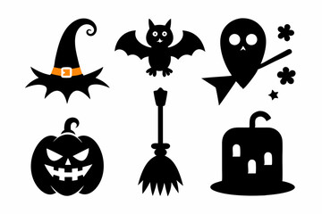 Obraz premium Halloween broom black silhouette vector icon set