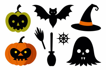 Halloween broom black silhouette vector icon set