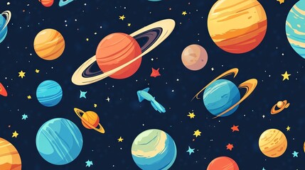 Seamless pattern with planets and comets. Texture with space objects in flat style