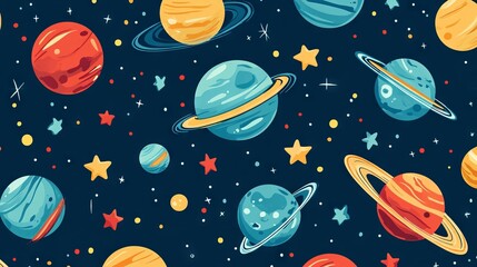 Seamless pattern with planets and comets. Texture with space objects in flat style