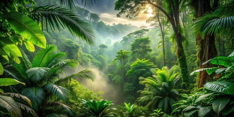 Naklejka premium Vibrant illustration of a lush Costa Rican rainforest, featuring towering green trees, exotic foliage, and a misty atmosphere, perfect as a natural background.