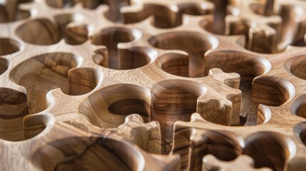 Close-up of a wooden puzzle with intricate details and a natural wood grain pattern.
