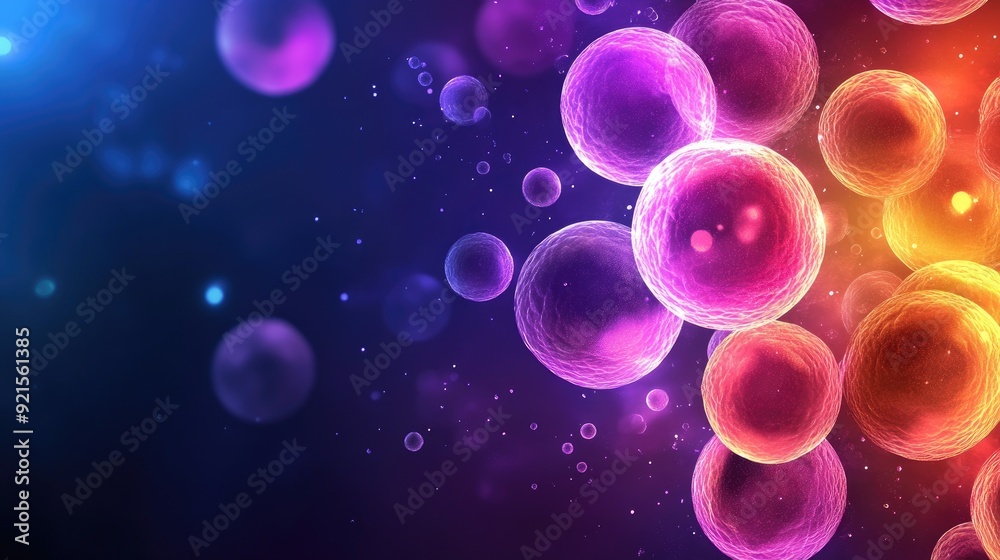 Fototapete abstract biological science background with colorful glowing cells, with ample space for text
