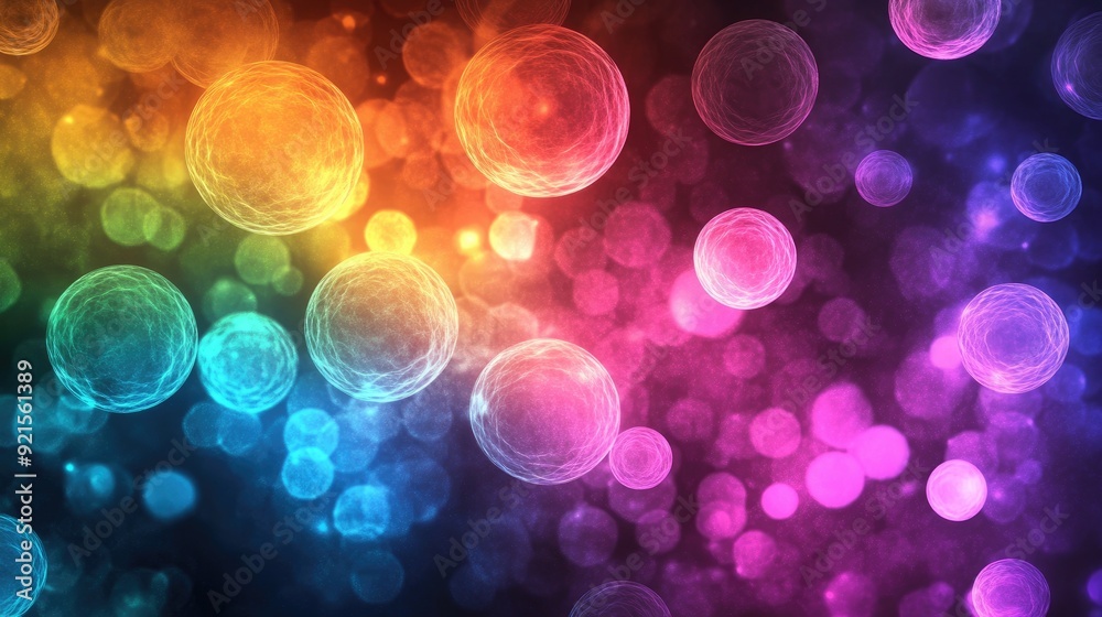 Fototapete abstract biological science background with colorful glowing cells, with ample space for text