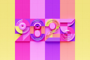 2025 calligraphy with 3d numbers on  colorful   background with New Year celebration balls for flyers, posters, signs for business design, brochures, cards, banners, postcards. 3D illustration