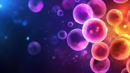 Abstract biological science background with colorful glowing cells, with ample space for text