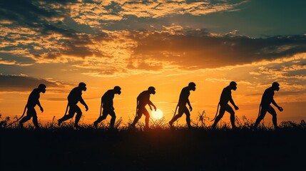 Human evolution. A study of the sequence of biological evolution of Homo sapiens. monkey, ape, ancient humans, modern humansShadows reflecting light when the sun sets. Silhouette concept