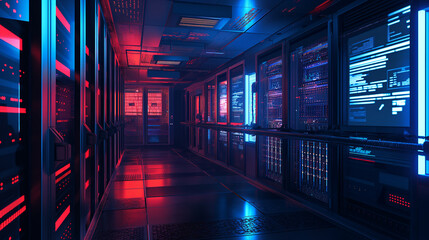 a digital fortress or secure server room with fortified walls, biometric access points, and surveillance systems, highlighting the concept of protecting sensitive data.