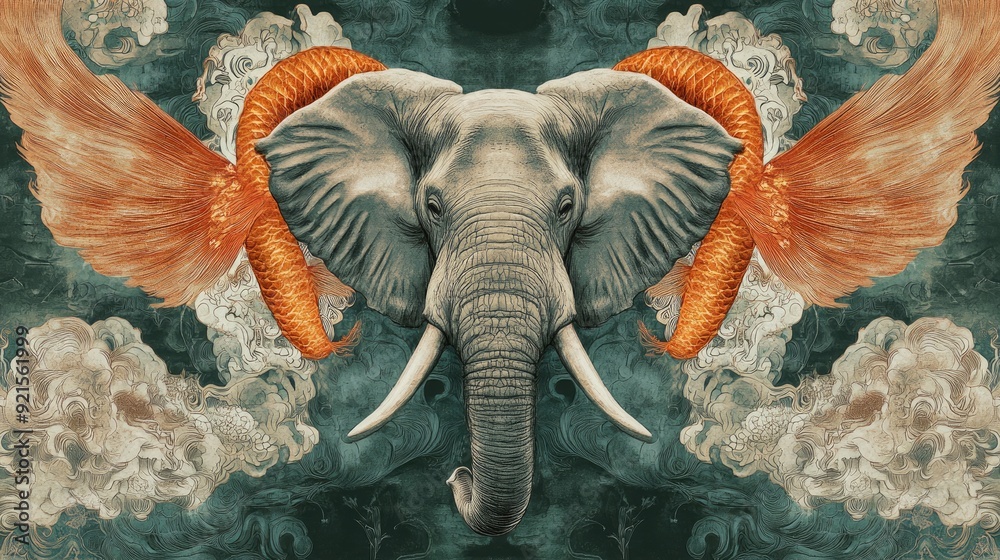 Fototapete abstract design incorporating symbolic creatures such as elephants, phoenixes, and koi fish, with a 