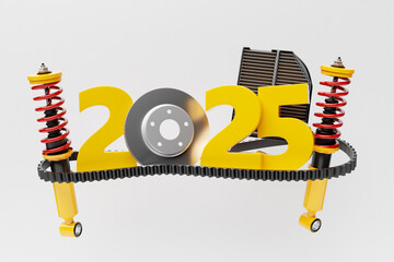 Greeting Christmas card with inscription 2025 and auto parts of the car on a white  isolated...