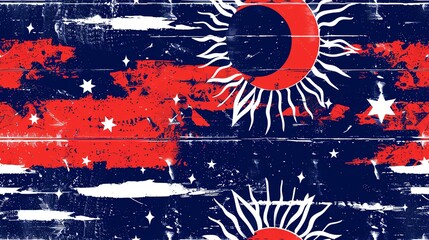 Obraz premium Minimalist seamless pattern of the Nepalese flag in a handdrawn style, illustrating a doublepennon with a white moon and sun on a crimson background with a blue border