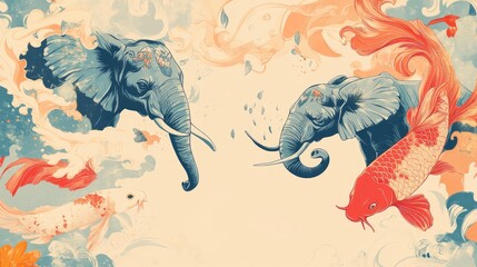 Fototapeta premium Abstract design incorporating symbolic creatures such as elephants, phoenixes, and koi fish, with a calming background and room for text